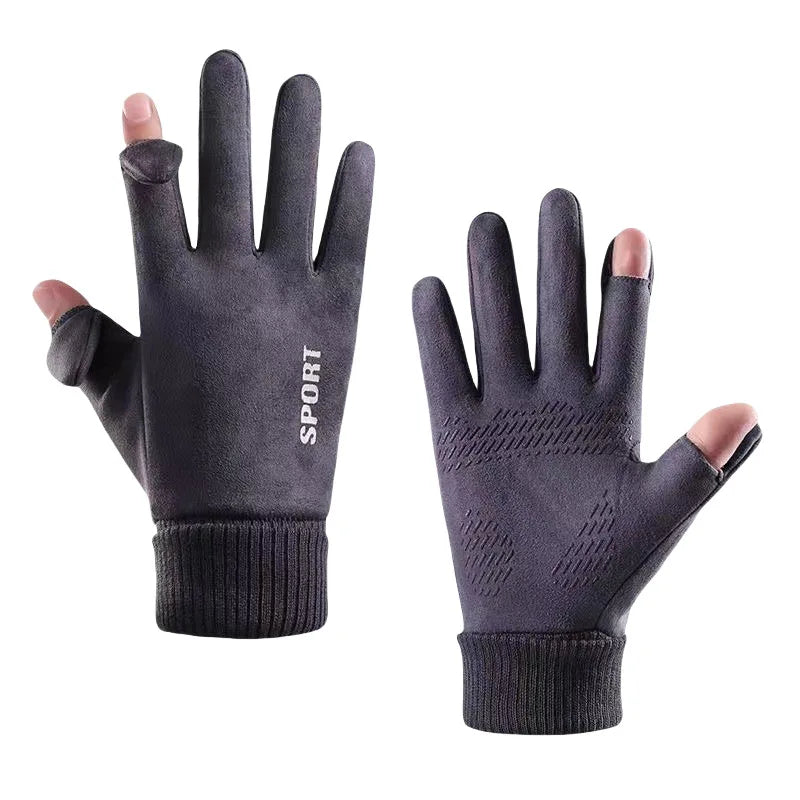 Men's Cycling Gloves Suede Warm Winter Autumn Driving Fleece Gloves Touch-Screen Soft Flip-Top Windproof Run Anti-Slip Gloves