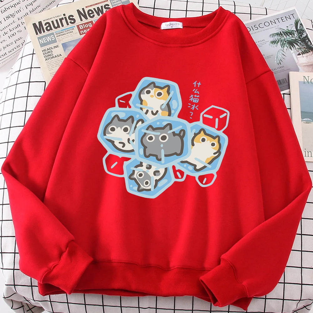 Ice Cat Fun Cartoons Cats Cute Print Sweatshirt Men Women Harajuku Crewneck Hoodie Autumn Prints Sportswear Hip Hop Loose Hoody