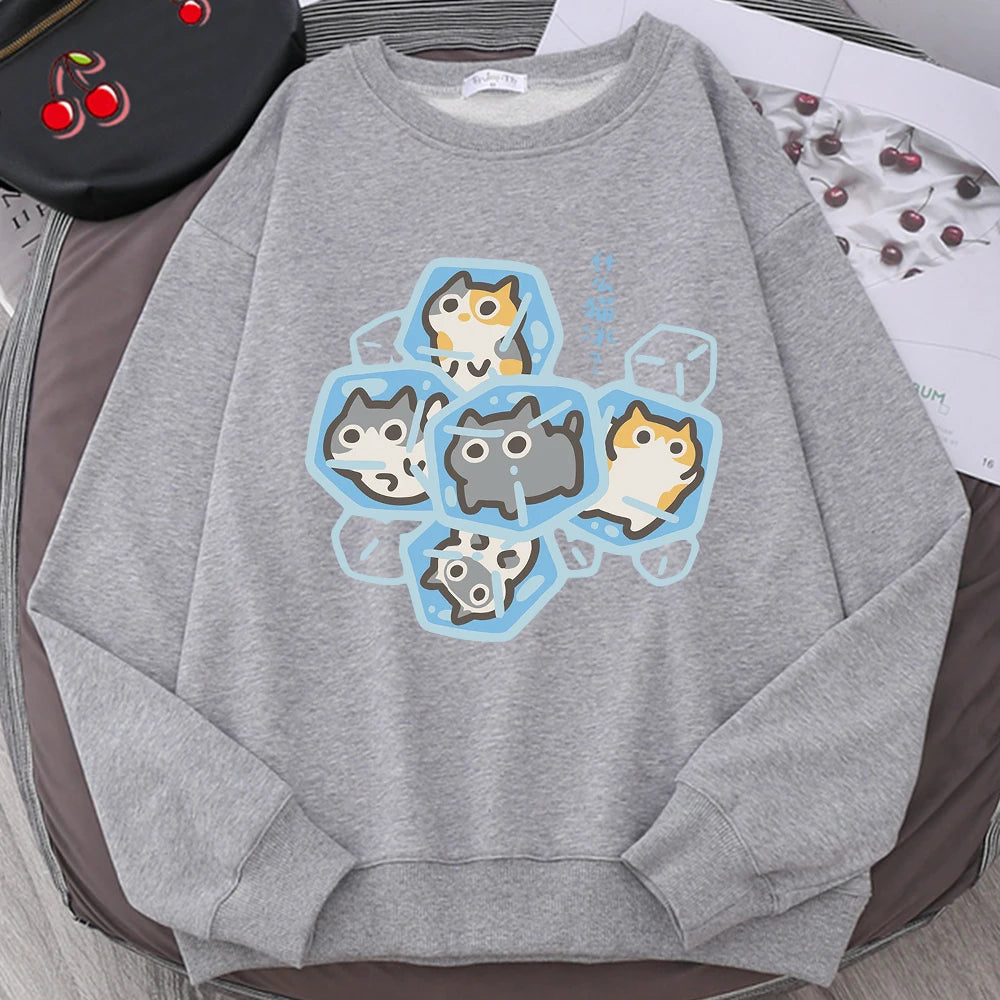 Ice Cat Fun Cartoons Cats Cute Print Sweatshirt Men Women Harajuku Crewneck Hoodie Autumn Prints Sportswear Hip Hop Loose Hoody