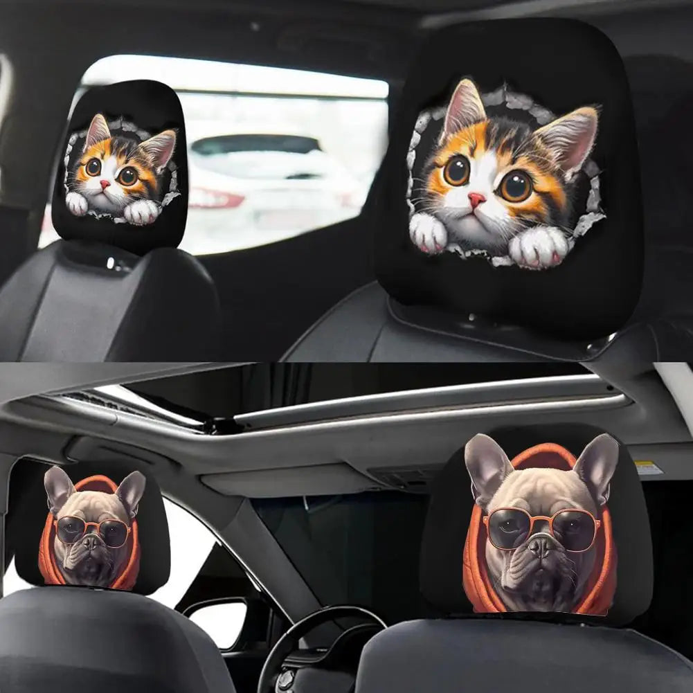 2PCS Universal Cat Car Headrest Covers Stretchable Funny Bear Dog Headrest Cover Elastic Car Head Pillowcase Car Interior Decor