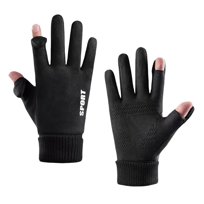 Men's Cycling Gloves Suede Warm Winter Autumn Driving Fleece Gloves Touch-Screen Soft Flip-Top Windproof Run Anti-Slip Gloves